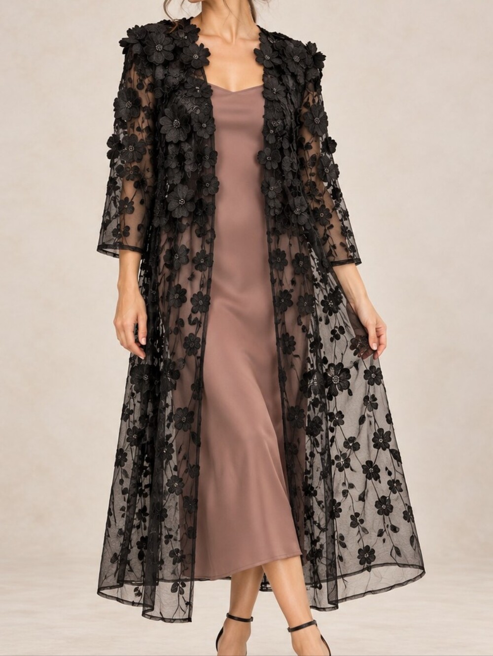 Maeve Anthropologie 3D Floral Lace Duster Black One Size